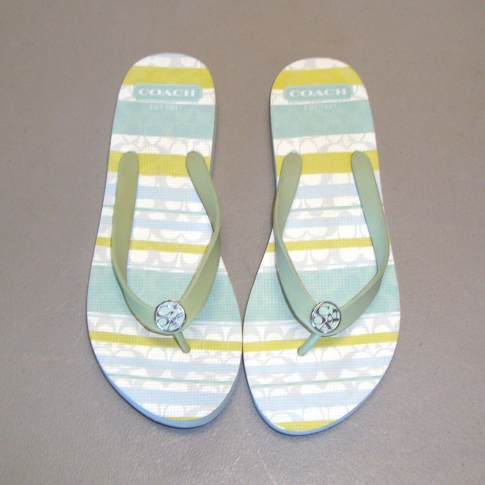 COACH Flip Flops Sandals Size L 9/10 Logo Striped EUC